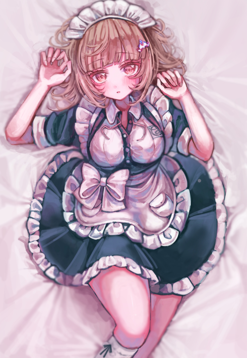 1girl apron black_dress blush brown_eyes brown_hair collared_dress danganronpa_(series) danganronpa_2:_goodbye_despair dress galaga hair_ornament hands_up highres maid maid_headdress medium_hair nanami_chiaki neck_ribbon official_alternate_costume pink_ribbon ribbon sasahara_kurage solo spaceship_hair_ornament undone_neck_ribbon white_apron