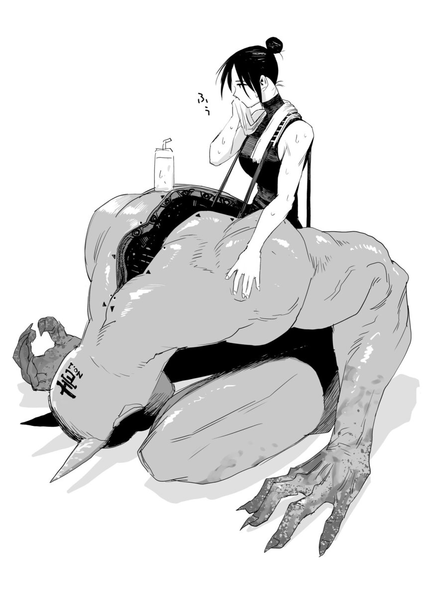 1girl bottle breasts commentary_request costume greyscale hair_bun highres large_breasts manabu_yashiro monochrome original shirt single_hair_bun sleeveless sleeveless_shirt solo sweat toned toned_female towel turtleneck water_bottle wiping_face wiping_sweat