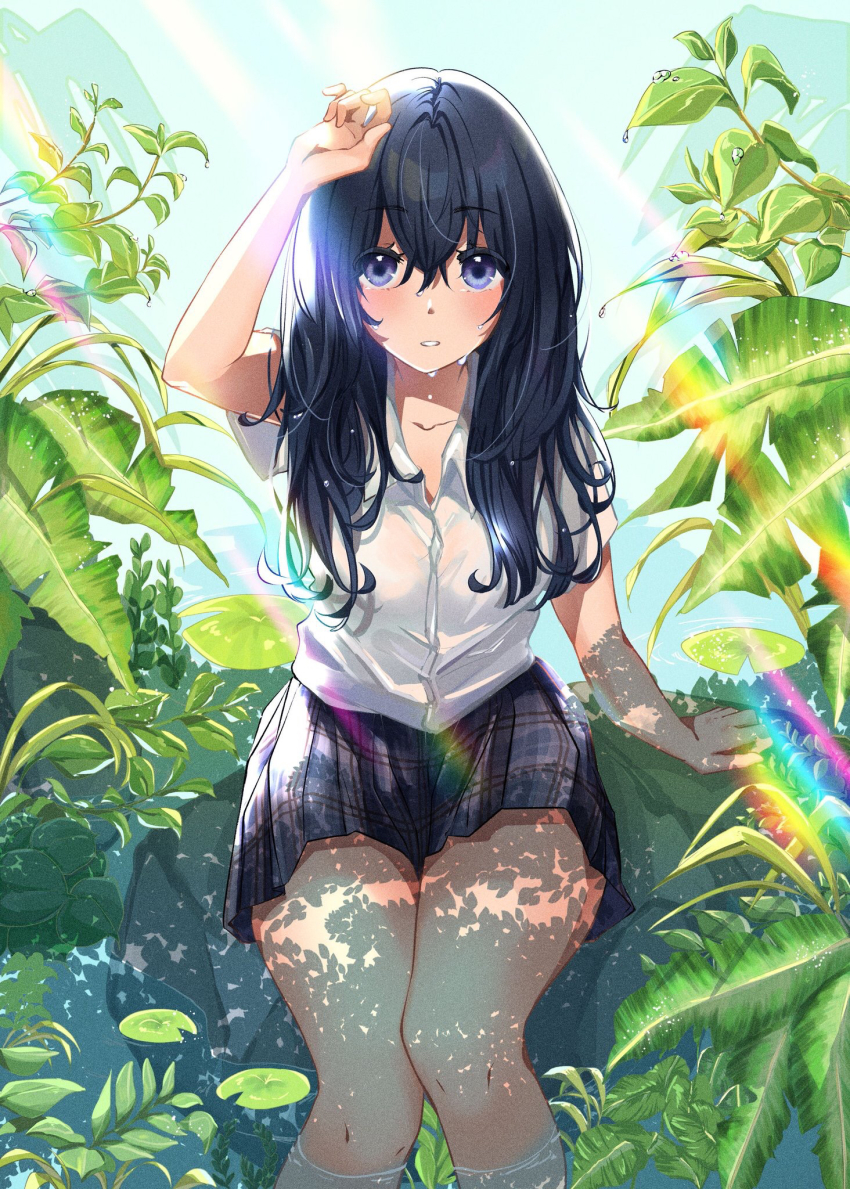 1girl arm_up bad_id bad_pixiv_id black_hair blue_eyes blush collarbone collared_shirt dappled_sunlight dress_shirt grey_skirt hair_between_eyes highres long_hair looking_at_viewer miniskirt original parted_lips plaid_clothes plaid_skirt pleated_skirt school_uniform shinomiya_ino shirt short_sleeves sitting skirt soaking_feet solo straight_hair sunlight wet wet_clothes wet_hair wet_shirt white_shirt wing_collar