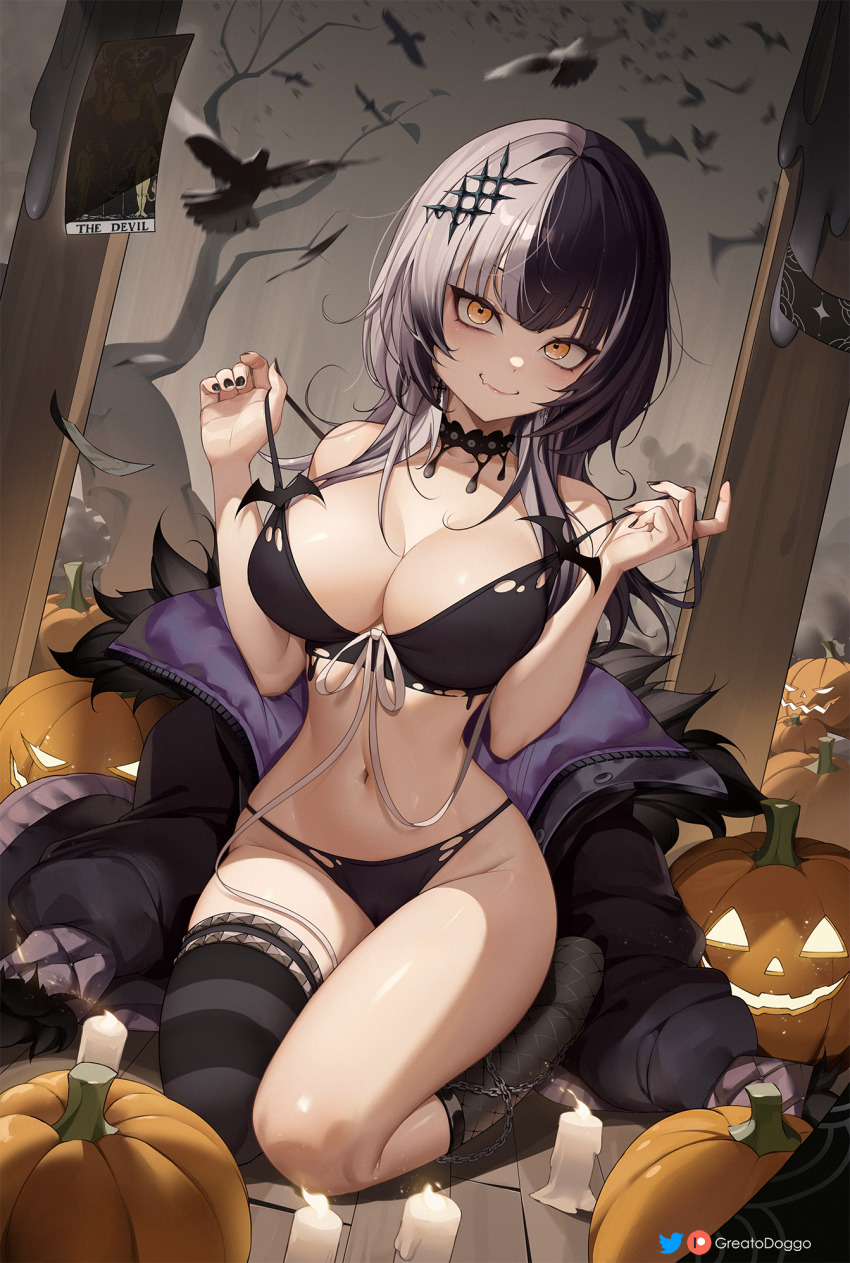 1girl artist_name asymmetrical_legwear black_choker black_hair black_nails blush breasts choker cleavage fang greatodoggo grey_hair hair_ornament highres hololive hololive_english jack-o&#039;-lantern lace lace_choker large_breasts long_hair looking_at_viewer multicolored_hair panties patreon_logo patreon_username pumpkin shiori_novella single_thighhigh skin_fang smile solo split-color_hair strap_pull tarot the_devil_(tarot) thighhighs thighs twitter_logo twitter_username two-tone_hair underwear virtual_youtuber yellow_eyes