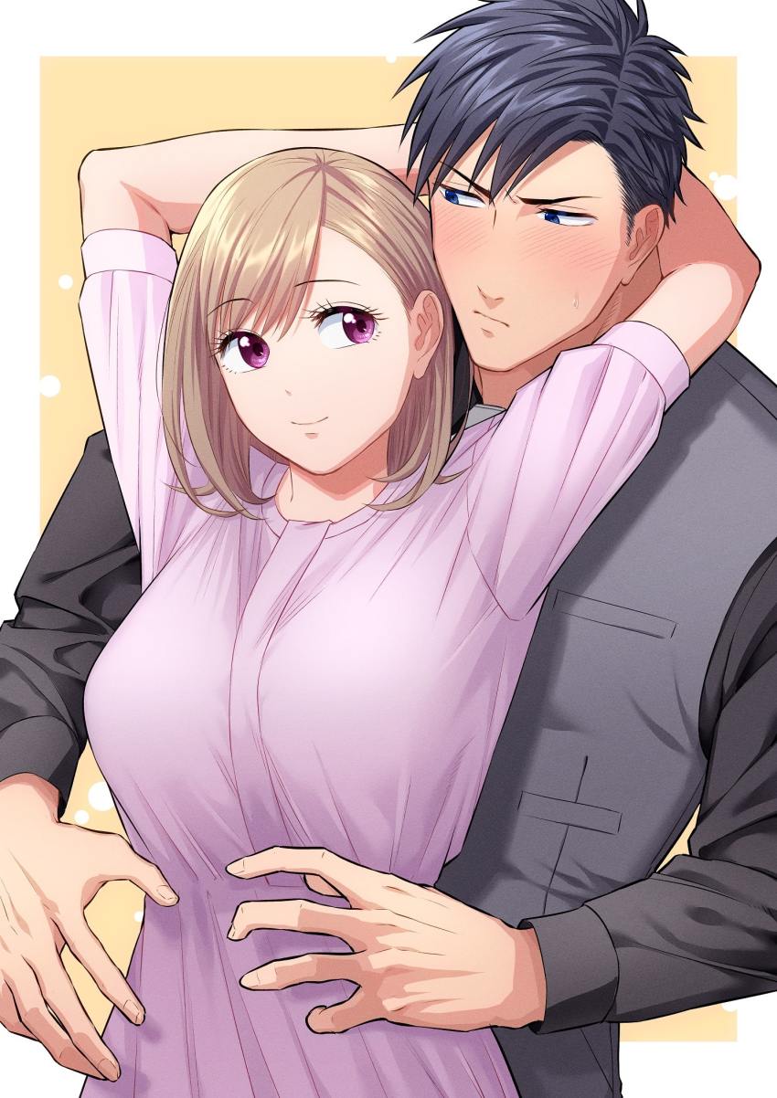 1boy 1girl black_shirt blue_eyes blush breasts brown_hair grey_vest hetero highres irokawa_iku large_breasts medium_hair original purple_eyes purple_shirt shirt short_hair simple_background smile standing upper_body vest