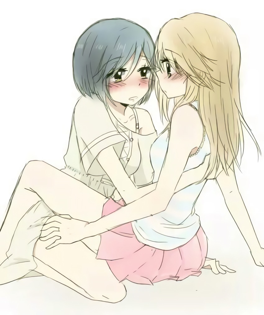 2girls artist_request black_hair blonde_hair blush couple embarrassed eye_contact girl_friends_(manga) hand_on_another’s_back hand_on_another’s_thigh highres hug kumakura_mariko legs long_hair looking_at_another multiple_girls oohashi_akiko short_hair simple_background skirt thighs white_background yuri