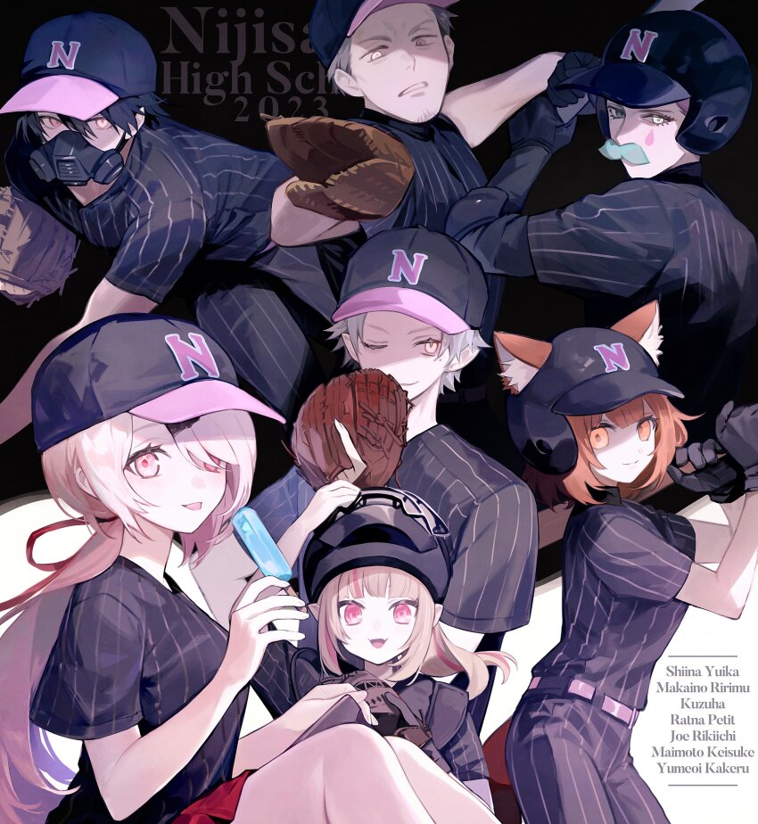 3girls 4boys absurdres animal_ears baseball_bat baseball_cap baseball_glove baseball_helmet baseball_jersey baseball_uniform belt black_cape black_hair black_pants black_shirt cape character_name copyright_name english_text facepaint fake_facial_hair fake_mustache fangs food glowing glowing_eyes hat helmet highres holding holding_baseball_bat iv_4t jersey joe_rikiichi kuzuha_(nijisanji) looking_at_viewer maimoto_keisuke makaino_ririmu mask mole mole_under_eye mouth_mask multiple_boys multiple_girls nijisanji one_eye_closed orange_eyes orange_hair pants pink_eyes pointy_ears popsicle ratna_petit shiina_yuika shirt short_hair short_sleeves smile sportswear striped_clothes striped_pants striped_shirt tongue tongue_out virtual_youtuber white_hair yumeoi_kakeru