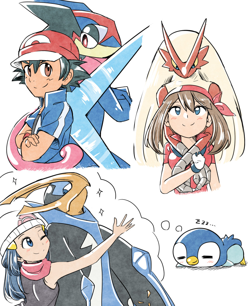 1boy 2girls ash-greninja ash_ketchum black_hair blaziken blue_eyes blue_hair blush brown_eyes brown_hair closed_eyes colored_sclera creatures_(company) crossed_arms dawn_(pokemon) empoleon game_freak gen_3_pokemon gen_4_pokemon gen_6_pokemon greninja highres kashiwa_(3920kashiwa) lying may_(pokemon) multiple_girls nintendo piplup pokemon pokemon_(anime) pokemon_(creature) pokemon_dppt_(anime) pokemon_rse_(anime) pokemon_xy_(anime) red_eyes smile yellow_sclera