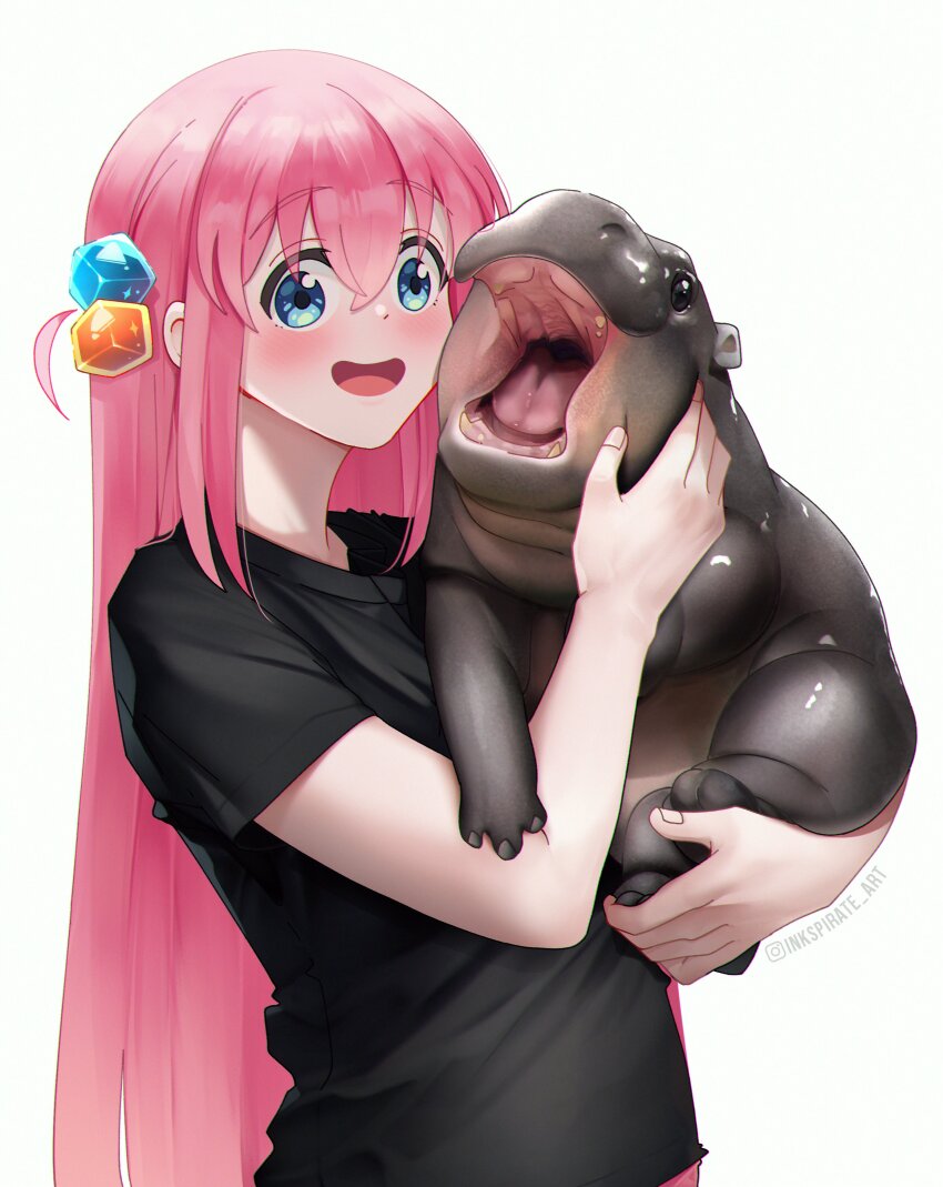 1girl :d absurdres animal arms_up artist_name black_shirt blue_eyes blush bocchi_the_rock! commentary cube_hair_ornament gotoh_hitori hair_between_eyes hair_ornament highres hippopotamus holding holding_animal inkspirate instagram_username long_hair moo_deng open_mouth pink_hair real_life shirt short_sleeves simple_background smile white_background