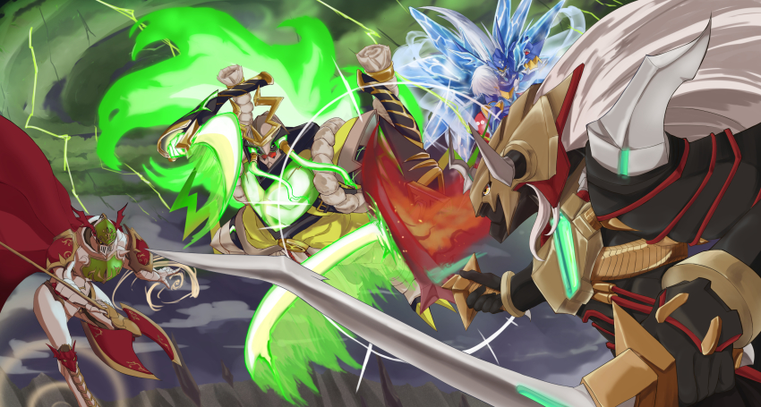 armor axe cape digimon dual_wielding energy energy_sword gaioumon hexeblaumon highres holding kazuchimon medievaldukemon sword weapon