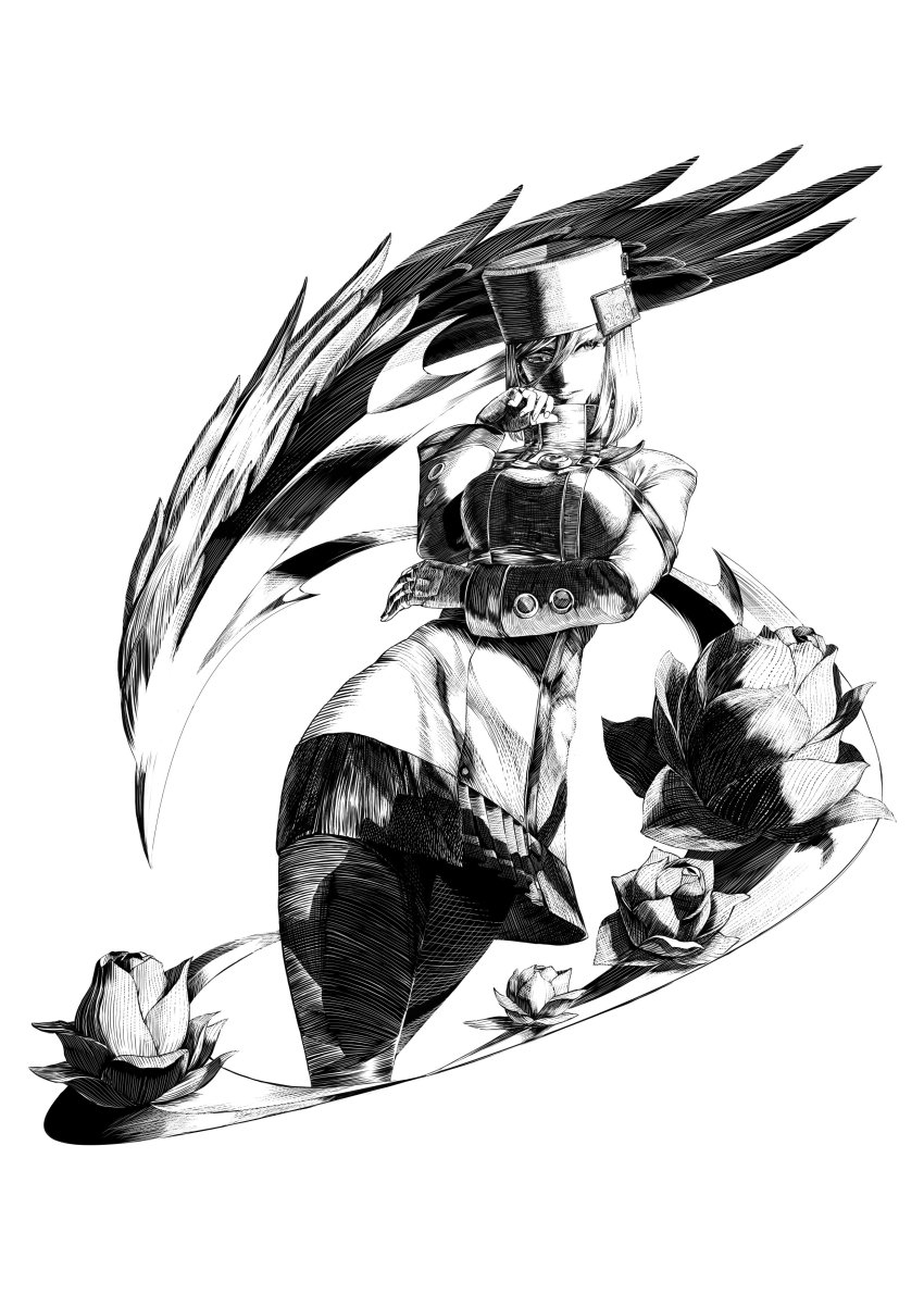 1girl absurdres female_focus fingerless_gloves fur_hat gloves greyscale guilty_gear guilty_gear_xrd hat highres millia_rage monochrome mutsugi sketch solo ushanka