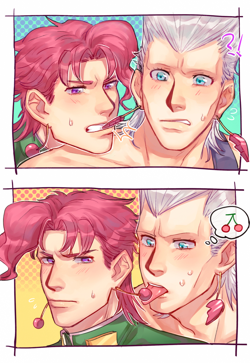 2boys 2koma absurdres biting_earring blue_eyes blush cherry_earrings comic earrings flattop food-themed_earrings food_themed_earrings gakuran highres jean_pierre_polnareff jewelry jojo_no_kimyou_na_bouken kakyoin_noriaki licking_earring male_focus multiple_boys purple_eyes red_hair school_uniform stardust_crusaders sweat tall_hair yanglao_paopaoren