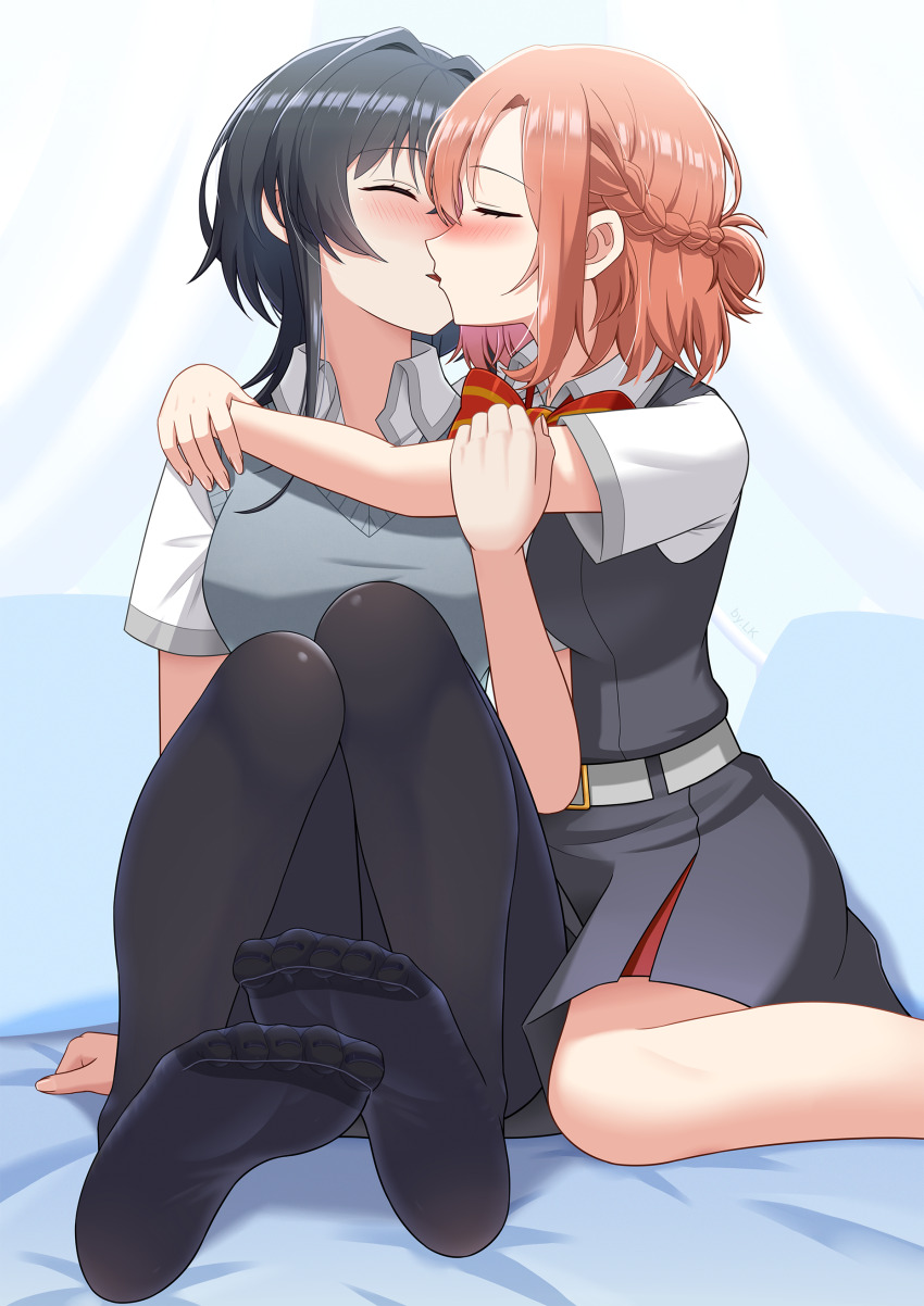 2girls absurdres arms_around_neck asanagi_yori black_dress black_hair black_pantyhose blue_eyes blush bow bowtie chinese_commentary closed_eyes commentary_request dress grey_sweater_vest half_up_braid hand_on_another&#039;s_arm highres kino_himari kiss lemon_kele long_hair multiple_girls pantyhose pinafore_dress red_bow red_bowtie red_eyes sasayaku_you_ni_koi_wo_utau shirt short_sleeves sitting sleeveless sleeveless_dress sweater_vest white_shirt yuri