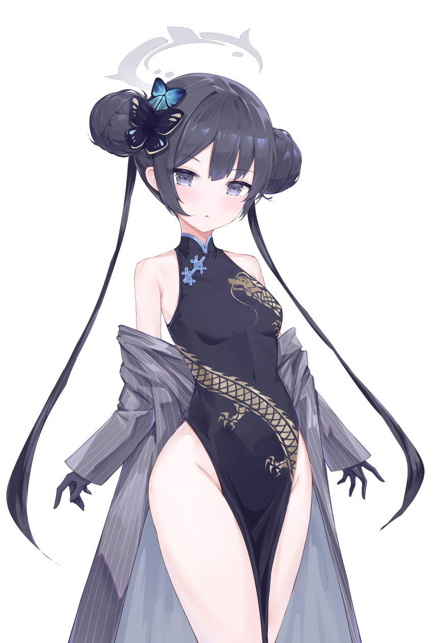 1girl absurdres black_dress black_gloves black_hair blue_archive blush braid braided_bun breasts butterfly_hair_ornament china_dress chinese_clothes coat double_bun dragon_print dress gloves grey_coat grey_eyes grey_halo hair_bun hair_ornament halo highres jacket kisaki_(blue_archive) lieend long_hair looking_at_viewer pelvic_curtain pinstripe_jacket pinstripe_pattern print_dress simple_background sleeveless sleeveless_dress small_breasts solo striped_clothes striped_jacket twintails vertical-striped_clothes vertical-striped_jacket white_background