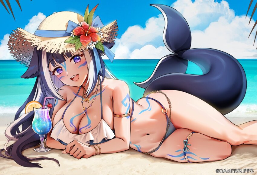 1girl arm_strap bare_shoulders beach bikini blue_hair body_markings breasts cetacean_tail cleavage cloud cloudy_sky commentary day english_commentary facial_mark fins fish_tail foxyreine hat indie_virtual_youtuber large_breasts long_hair lying multicolored_hair o-ring o-ring_bikini ocean on_side open_mouth orca_girl outdoors purple_eyes shylily sky smile solo straw_hat streaked_hair swimsuit tail virtual_youtuber white_hair