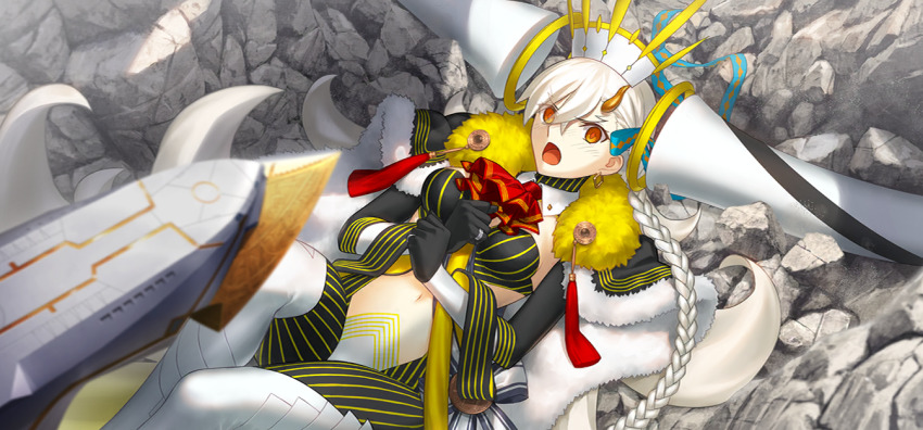 1girl aircraft airship ascot black_gloves blush braid breasts cape clothing_cutout day detached_horns earrings fate/grand_order fate_(series) feet_out_of_frame fur-trimmed_cape fur_trim game_cg gloves hair_between_eyes hair_ribbon horns huge_horns jewelry large_variant_set long_hair long_horns looking_at_viewer lying navel official_art olga_marie_animusphere on_back on_ground open_mouth orange_eyes outdoors red_ascot ribbon rock side_braid solo stomach_cutout storm_border striped_bodysuit takeuchi_takashi third-party_source u-olga_marie variant_set very_long_hair white_hair yellow_horns