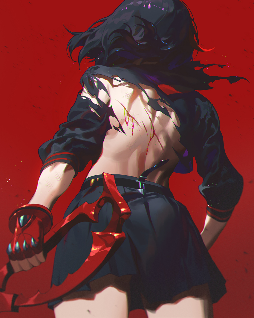 1girl back back_focus black_hair blood blood_on_back cuts facing_away fajyobore fingerless_gloves floating_hair from_behind gloves highres holding holding_weapon injury kill_la_kill matoi_ryuuko medium_hair miniskirt multicolored_hair pleated_skirt red_background red_gloves red_hair red_theme scissor_blade_(kill_la_kill) scratches senketsu shirt skirt solo streaked_hair torn_clothes torn_shirt weapon