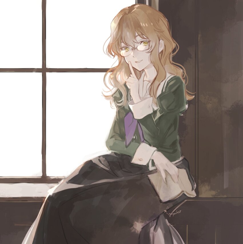 1girl backlighting black_skirt blonde_hair book buttoned_cuffs buttons chibana_sumika finger_to_mouth glasses green_shirt hair_between_eyes highres holding holding_book indoors juliet_sleeves kayako_(tdxxxk) liebe_girls_academy_school_uniform long_hair long_skirt long_sleeves looking_at_viewer neckerchief parted_lips puffy_sleeves purple_neckerchief school_uniform shirt shushing signature sitting skirt smile solo watashi_no_yuri_wa_oshigoto_desu! wavy_hair window yellow_eyes