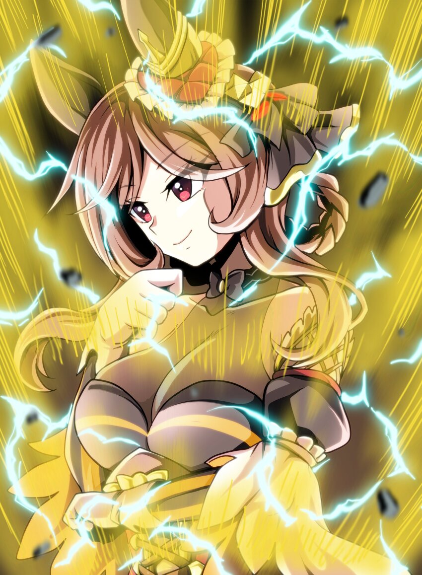 1girl absurdres animal_ears aura black_dress black_sleeves braid breasts brown_hair cleavage closed_mouth commentary_request detached_sleeves dragon_ball dragonball_z dress ear_covers electricity gentildonna_(umamusume) highres horse_ears horse_girl kamishima_kanon large_breasts long_hair looking_to_the_side partial_commentary red_eyes see-through_clothes single_ear_cover sleeveless sleeveless_dress smile solo super_saiyan super_saiyan_2 umamusume