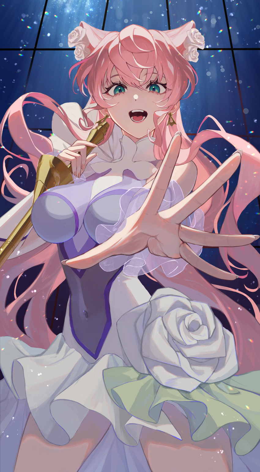 1girl absurdres breasts cleavage covered_navel dress green_eyes hair_between_eyes hair_ornament highres large_breasts long_hair looking_at_viewer maria_cadenzavna_eve microphone open_mouth pink_hair sarihira303 scrunchie senki_zesshou_symphogear skirt solo very_long_hair