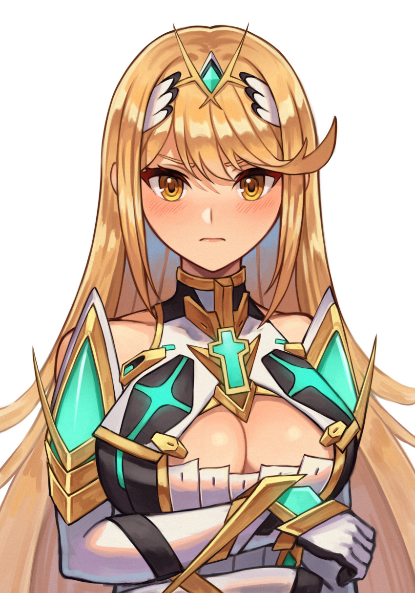 1girl 20060715 absurdres bare_shoulders blonde_hair blush breasts chest_jewel cleavage cleavage_cutout closed_mouth clothing_cutout dress elbow_gloves gloves highres large_breasts long_hair looking_at_viewer mythra_(xenoblade) solo upper_body white_dress white_gloves xenoblade_chronicles_(series) xenoblade_chronicles_2 yellow_eyes