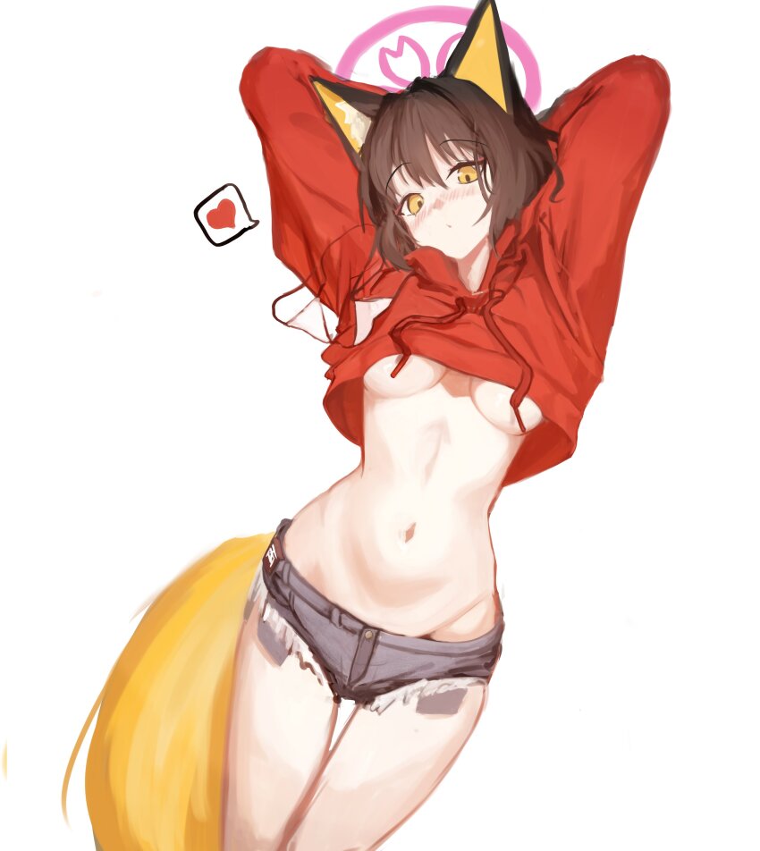 1girl absurdres alternate_costume animal_ear_fluff animal_ears blue_archive breasts cropped_sweater denim denim_shorts fox_ears fox_girl fox_tail halo heart highres izuna_(blue_archive) kagamine1717 long_sleeves navel pink_halo shorts solo spoken_heart tail underboob