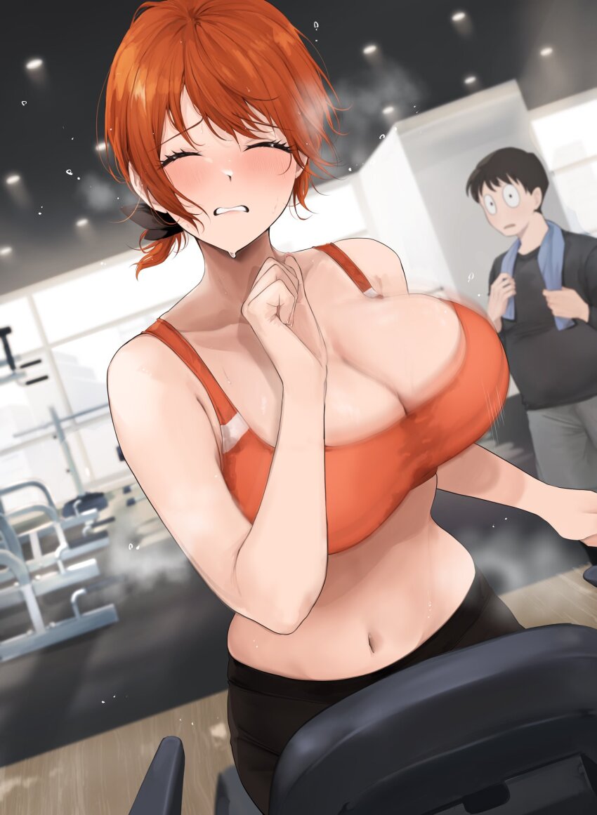 1boy 1girl akito_(d30n26) black_pants breasts cleavage closed_eyes exercising gym highres indoors large_breasts nagi_(akito) navel orange_hair orange_sports_bra original pants short_hair sports_bra sweat treadmill yoga_pants