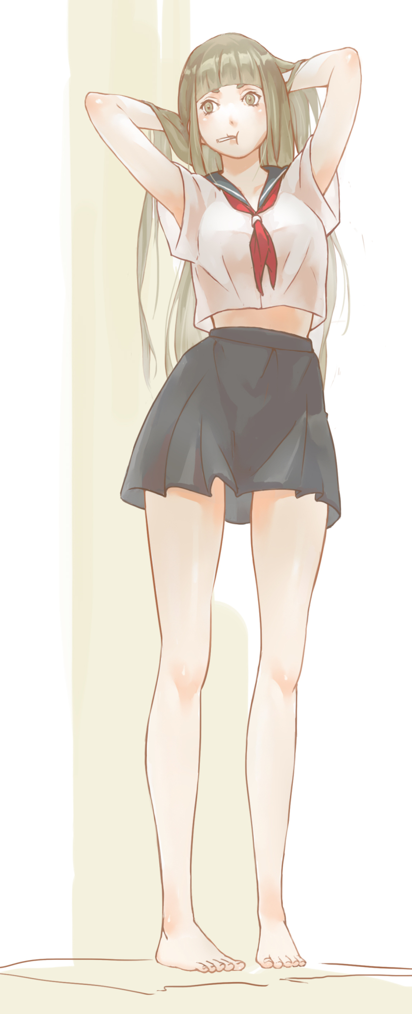 1girl absurdres barefoot blunt_bangs breasts choa_(narko11897) crop_top female_focus highres long_hair miniskirt original school_uniform serafuku skirt solo