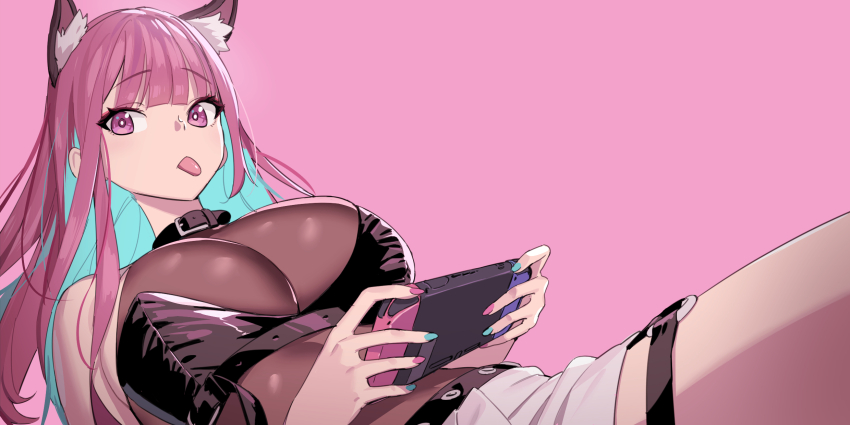 1girl :p animal_ears aqua_hair breasts collar highres jewelry joy-con large_breasts leotard long_hair looking_at_viewer luxsumildo multicolored_hair necklace nintendo_switch original pink_eyes pink_hair see-through_clothes see-through_leotard shorts tongue tongue_out two-tone_hair