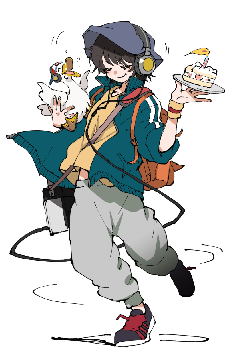 1girl ^_^ animal backpack bag bird black_hair cake cake_slice candle closed_eyes commentary_request duck food grey_pants headphones henriiku_(ahemaru) highres holding holding_animal holding_bird holding_plate hololive jacket motion_lines oozora_subaru open_clothes open_jacket pants plate shirt short_hair smile subaru_duck sweatpants track_jacket virtual_youtuber wristband yellow_shirt