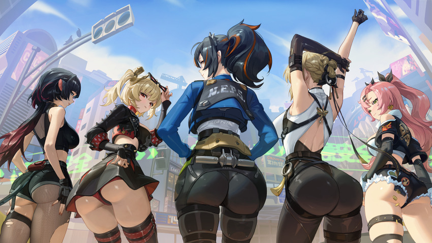 5girls animal_ears artist_name ass back bare_shoulders black_gloves black_hair black_jacket black_panties black_pants black_ribbon black_shirt black_shorts black_skirt black_thighhighs blonde_hair blue_jacket blue_sky blush breasts burnice_white closed_mouth clothing_cutout commentary cowboy_shot crop_top cropped_jacket earrings elbow_gloves english_commentary evelyn_chevalier eyewear_on_head fingerless_gloves fingernails gloves gradient_hair green_eyes hair_ribbon heart heart_earrings high-waist_pants high-waist_skirt highres jacket jane_doe_(zenless_zone_zero) jewelry large_breasts long_hair looking_at_viewer median_furrow medium_hair mole mole_on_thigh mole_under_eye mouse_ears mouse_girl mouse_tail multicolored_hair multiple_girls nicole_demara no_jacket orange-tinted_eyewear orange_eyes outdoors panties pants pantyhose parted_lips pink_hair police police_uniform policewoman ponytail red_hair ribbon ring_hair_ornament rucarachi shirt short_hair shorts shoulder_cutout single_elbow_glove single_leg_pantyhose single_thighhigh skirt sky smile streaked_hair sunglasses tail thighhighs thighs tight_clothes tight_pants tinted_eyewear torn_clothes torn_pantyhose torn_thighhighs underbutt underwear white_shirt zenless_zone_zero zhu_yuan