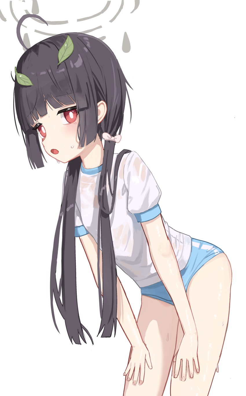 1girl absurdres ahoge black_hair blue_archive blue_buruma buruma grey_halo gym_shirt halo highres leaf leaf_on_head long_hair low_twintails miyu_(blue_archive) nyune open_mouth red_eyes shirt simple_background solo sweat twintails white_background