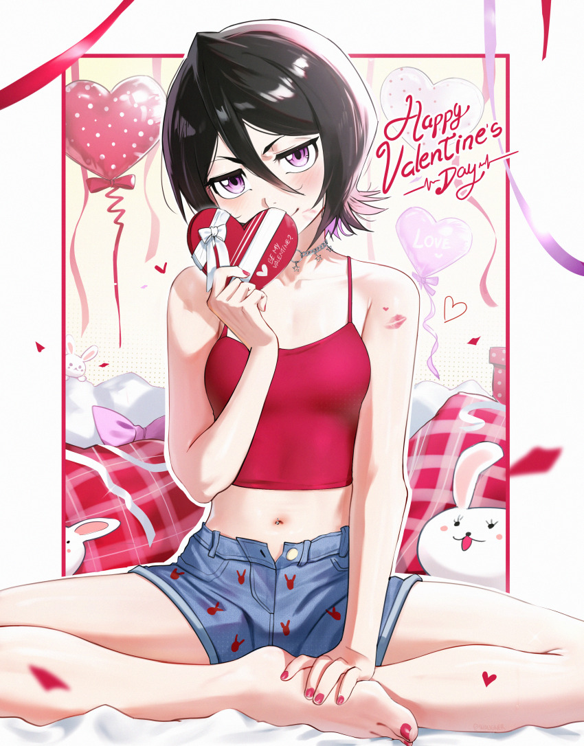 1girl absurdres animal_print balloon bare_legs bare_shoulders barefoot black_hair bleach blush box breasts commentary crop_top denim denim_shorts english_commentary feet happy_valentine heart-shaped_box heart_balloon highres indian_style kuchiki_rukia legs lipstick_mark lipstick_mark_on_arm looking_at_viewer midriff nail_polish navel partially_unbuttoned pillow purple_eyes rabbit_print short_hair shorts sitting small_breasts solo toenail_polish toenails valentine waligner