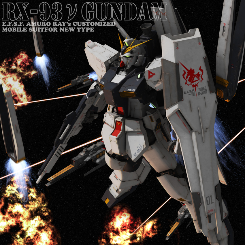 3d battle beam_cannon beam_rifle cable char&#039;s_counterattack character_name commentary_request earth_federation_space_forces energy_beam energy_gun english_text fin_funnels gundam highres machinery mecha mecha_focus mobile_suit no_humans nu_gundam ra_cailum realistic robot roundel science_fiction shield space spacecraft thrusters tomholy v-fin vernier_thrusters weapon zero_gravity