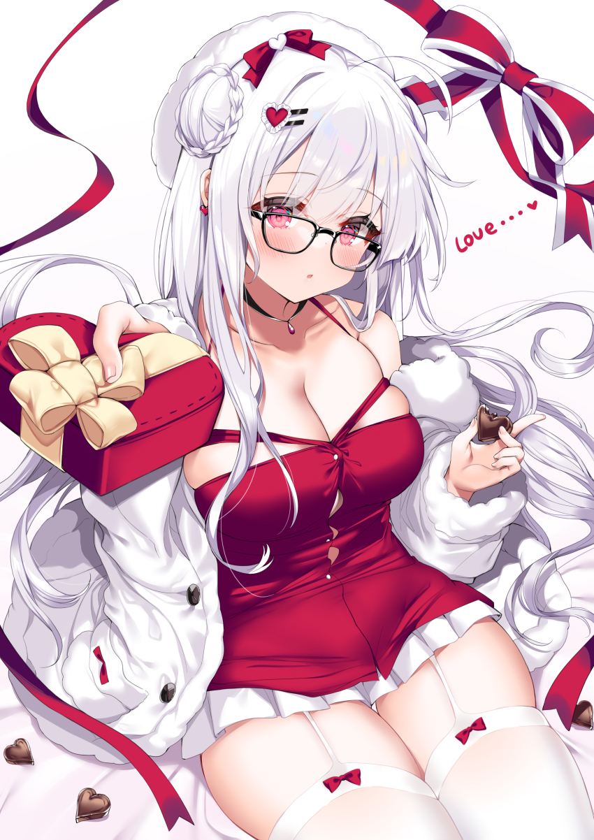 1girl absurdres ahoge albino alternate_costume azur_lane bad_id bad_pixiv_id bare_shoulders black-framed_eyewear box braid braided_bun breasts button_gap buttons candy chocolate chocolate_heart cleavage coat cygnet_(azur_lane) food fur_trim garter_straps giving glasses hair_bun hat heart heart-shaped_box hecha_(01964237) highres holding large_breasts long_hair long_sleeves looking_at_viewer miniskirt off_shoulder open_clothes open_coat parted_lips pink_eyes pleated_skirt plump red_shirt shirt sitting skindentation skirt sleeveless sleeveless_shirt solo spaghetti_strap thighhighs thighs valentine very_long_hair white_coat white_hair white_hat white_skirt white_thighhighs zettai_ryouiki