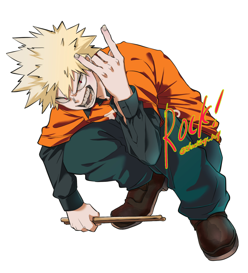 1boy \n/ arm_on_knee arm_rest bakugou_katsuki black_shirt black_undershirt blonde_hair boku_no_hero_academia brown_footwear collared_shirt drumsticks extraction foreground_text full_body furrowed_brow green_pants hair_between_eyes hand_up highres holding holding_drumsticks leaning_forward leaning_to_the_side long_sleeves looking_at_viewer male_focus nikaidou_iroha open_cuffs pants red_eyes sanpaku shirt shoes short_hair simple_background smile spiked_hair squatting twitter_username v-shaped_eyebrows white_background