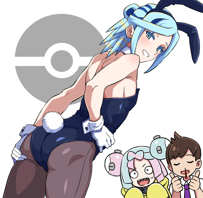 1girl 2boys animal_ears aqua_eyes ass black_hairband black_leotard blood blue_hair brown_pantyhose commentary_request constricted_pupils creatures_(company) crossdressing double_thumbs_up eyelashes florian_(pokemon) game_freak gloves grin grusha_(pokemon) hairband highres iono_(pokemon) leotard looking_at_viewer male_playboy_bunny mantan multiple_boys nintendo nosebleed pantyhose poke_ball_symbol pokemon pokemon_sv rabbit_ears rabbit_tail smile sweatdrop tail teeth thumbs_up white_background white_gloves