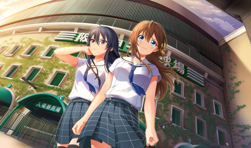 2girls ahoge arihara_tsubasa black_hair black_thighhighs blue_eyes blue_necktie bow brown_hair cinderella_series clenched_hands closed_mouth dutch_angle floating_hair floating_neckwear from_below game_cg grey_skirt hachigatsu_no_cinderella_nine hair_between_eyes hair_bow hand_in_own_hair hanshin_koshien_stadium highres long_hair looking_ahead multiple_girls necktie non-web_source official_art outdoors plaid_clothes plaid_skirt pleated_skirt red_eyes sailor_collar school_uniform serafuku shirt short_sleeves skirt standing thighhighs v-shaped_eyebrows white_sailor_collar white_shirt yellow_bow