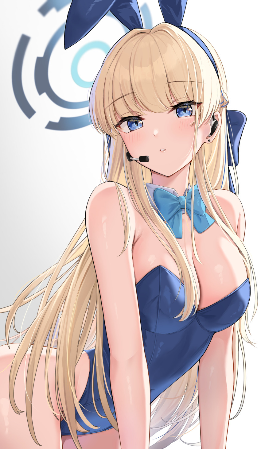 1girl absurdres animal_ears aqua_bow aqua_bowtie bare_shoulders blonde_hair blue_archive blue_eyes blue_leotard blush bow bowtie breasts cleavage commentary_request detached_collar earpiece fake_animal_ears gradient_background halo highleg highleg_leotard highres honome_sui large_breasts leotard long_hair looking_at_viewer official_alternate_costume parted_lips playboy_bunny rabbit_ears revision solo toki_(blue_archive) toki_(bunny)_(blue_archive)