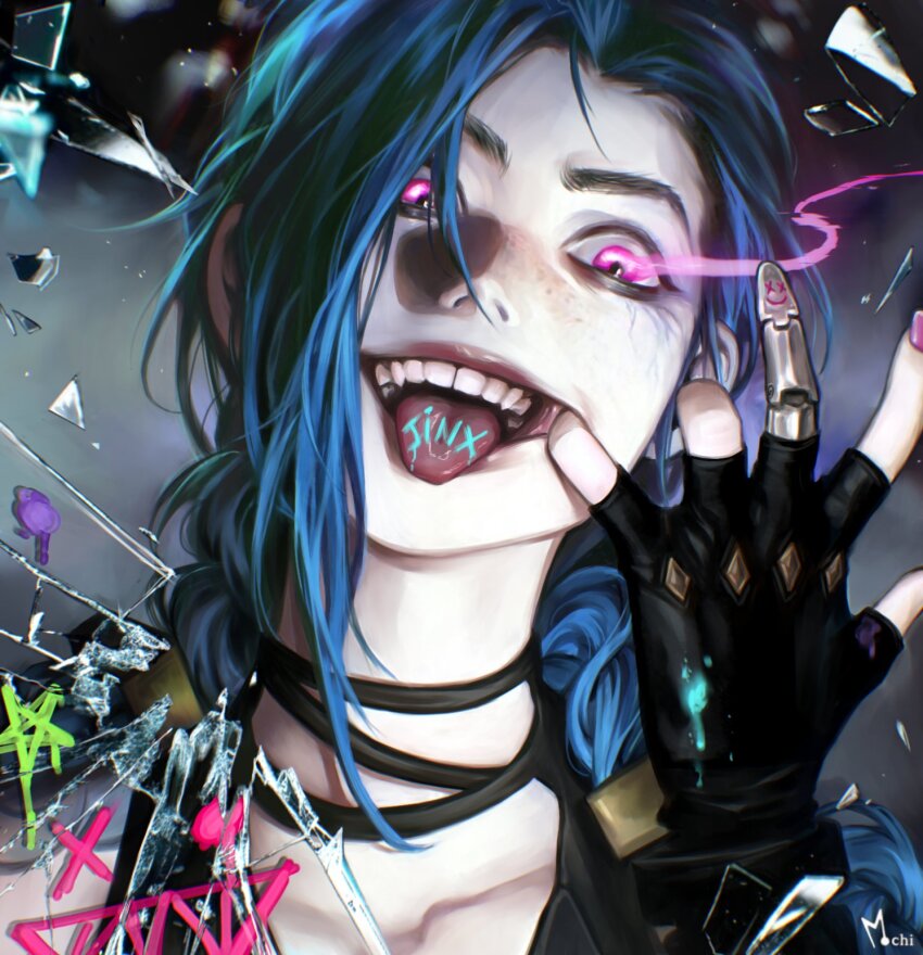 1girl arcane:_league_of_legends black_choker blue_hair braid choker fingerless_gloves freckles glass_shards gloves glowing glowing_eyes highres jinx_(league_of_legends) league_of_legends long_hair looking_at_viewer mochi8832 nail_polish open_mouth paint pale_skin pink_eyes smile solo tongue tongue_out twin_braids