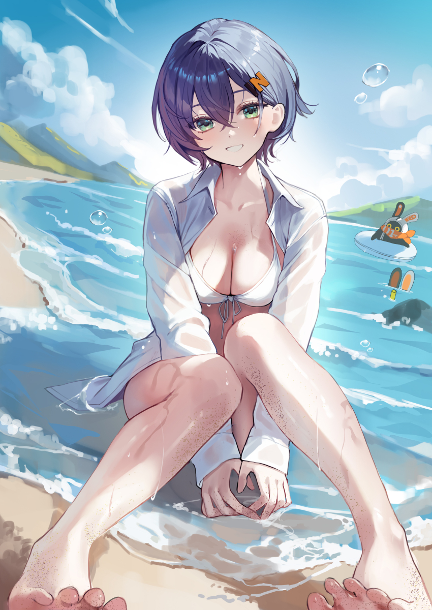 1girl absurdres bare_legs barefoot belle_(zenless_zone_zero) bikini blue_hair blue_sky collarbone collared_shirt commentary_request day eous_(zenless_zone_zero) feet front-tie_bikini_top front-tie_top green_eyes hair_ornament highres knees_together_feet_apart legs letter_hair_ornament light_blush looking_at_viewer ocean open_clothes open_shirt outdoors shirt short_hair sitting sky smile solo swimsuit toes water wet white_bikini white_shirt yuna_(deadawon) zenless_zone_zero