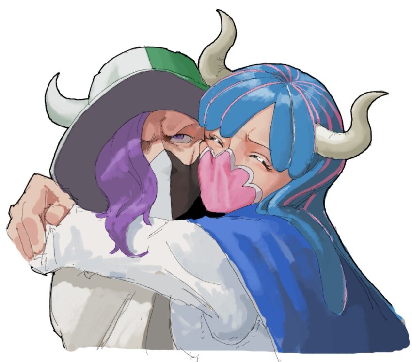 1boy 1girl blue_hair brother_and_sister cheek-to-cheek closed_eyes curved_horns green_hat hat heads_together horns horns_through_headwear hug iam_san3 long_hair mask mouth_mask multicolored_hair one_piece page_one_(one_piece) pink_hair pink_mask purple_eyes purple_hair shirt siblings simple_background streaked_hair two-tone_hat two-tone_mask ulti_(one_piece) white_background white_hat white_horns white_shirt