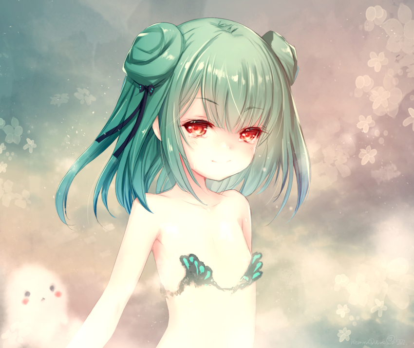 1girl 1other bare_shoulders bikini bikini_top_only breasts commentary_request double_bun eyebrows fandead_(uruha_rushia) ghost green_hair hair_bun highres hitomaru hololive micro_bikini red_eyes short_hair small_breasts swimsuit tears upper_body uruha_rushia virtual_youtuber