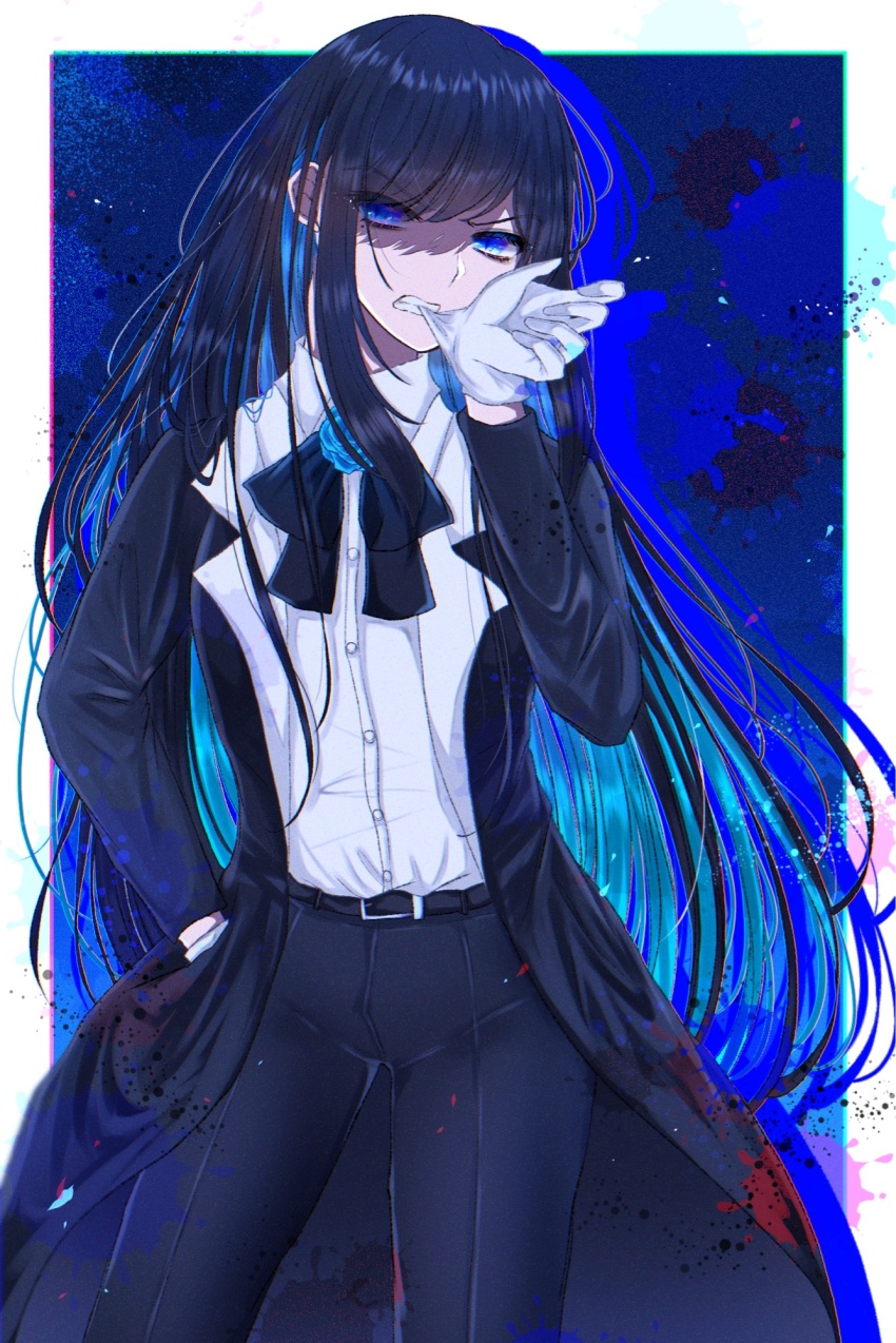 1girl ado_(utaite) belt belt_buckle black_belt black_bow black_bowtie black_coat black_hair black_pants blue_eyes blue_flower blue_hair blue_rose border bow bowtie buckle chando_(ado) clenched_teeth coat collared_shirt colored_inner_hair commentary dress_shirt drop_shadow flower flower_brooch glove_in_mouth gloves hand_in_pocket highres long_sleeves looking_at_viewer mouth_hold multicolored_hair open_clothes open_coat outside_border pants rose shirt shoko_(gs_music11) sidelocks solo teeth utaite white_border white_gloves white_shirt