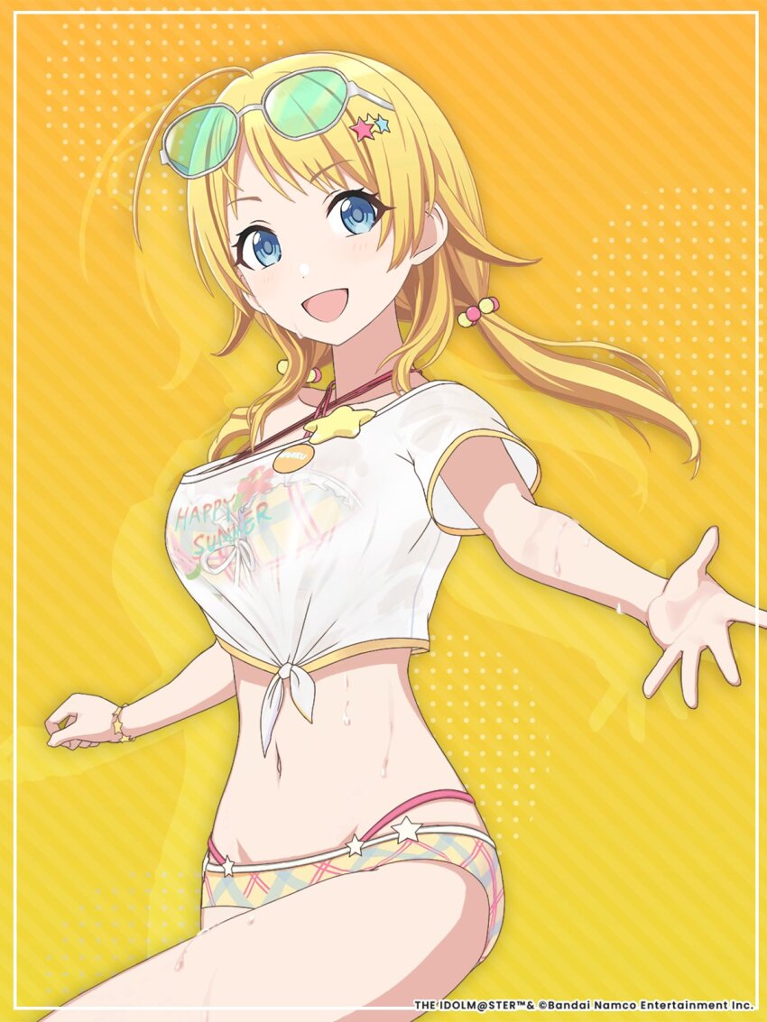 1girl bikini bikini_under_clothes blonde_hair blue_eyes bracelet commentary_request criss-cross_halter eyewear_on_head hachimiya_meguru hair_ornament hairclip halterneck highres idolmaster idolmaster_shiny_colors idolmaster_shiny_colors_song_for_prism jewelry long_hair looking_at_viewer low_twintails navel official_art plaid_bikini plaid_clothes see-through_clothes shirt solo swimsuit t-shirt twintails wet wet_clothes yellow_bikini