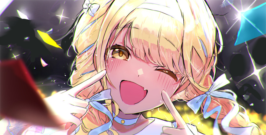 1girl ;d blonde_hair blue_choker blue_ribbon blush braid choker chromatic_aberration commentary fang fingers_to_cheeks fujita_kotone gakuen_idolmaster hair_ribbon highres idolmaster long_hair one_eye_closed open_mouth ribbon sekaiichi_kawaii_watashi_(idolmaster) skin_fang smile solo sparkle sweat tenryuu_(dmvj5758) twin_braids yellow_eyes