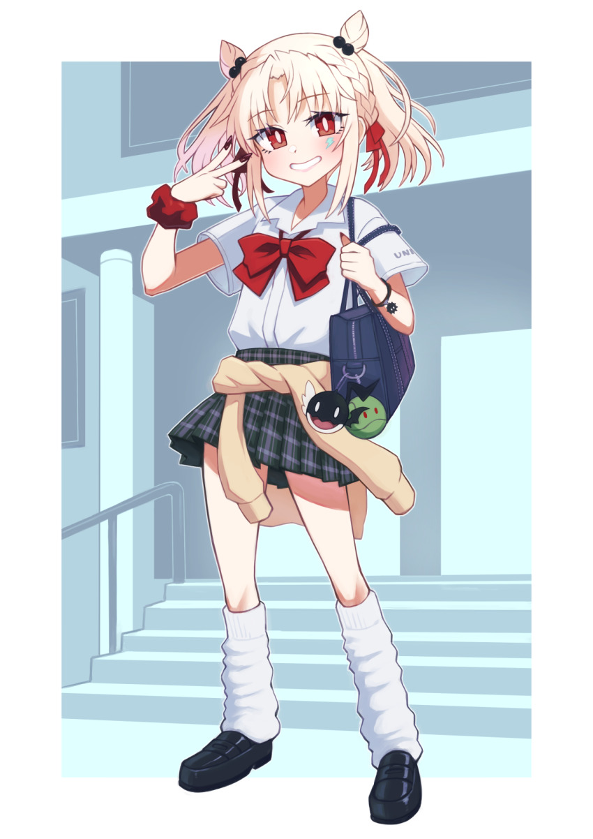 1girl black_footwear border bow bracelet braid bright_pupils clothes_around_waist double_bun gundam hair_bobbles hair_bun hair_ornament haro hibun_tsukasa highres jewelry leg_warmers loafers plaid_clothes plaid_skirt red_bow red_eyes scrunchie shiratama_utano shirt shoes short_hair short_sleeves skirt solo stairs sweater sweater_around_waist univirtual virtual_youtuber white_border white_pupils white_shirt wrist_scrunchie