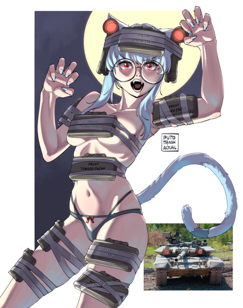 1girl absurdres artist_name black-framed_eyewear black_panties blue_hair blue_nails bow bow_panties breasts cat_girl cat_tail claw_pose claymore_(mine) commentary cowboy_shot english_commentary explosive fangs hands_up highleg highleg_panties highres large_breasts military_vehicle mine_(weapon) motor_vehicle navel open_mouth original panties panty_straps photo_inset puto_trash red_eyes round_eyewear short_hair_with_long_locks solo standing t-90 tail tank thighs underwear