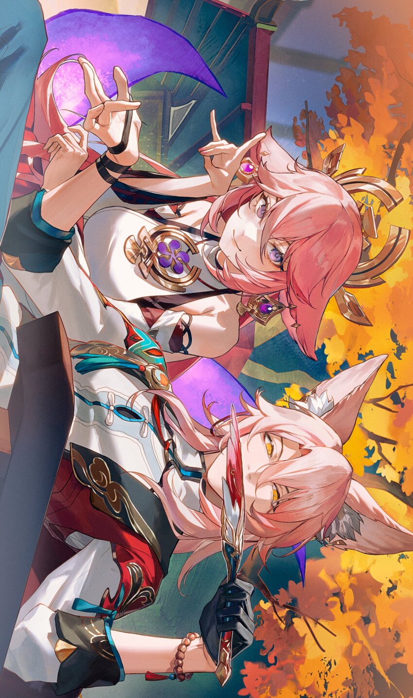 1boy 1girl animal_ears closed_mouth earrings fox_ears fox_shadow_puppet genshin_impact gloves hair_ornament hand_fan highres holding holding_fan honkai:_star_rail honkai_(series) jewelry jiaoqiu_(honkai:_star_rail) looking_at_viewer mihoyo pink_hair purple_eyes smile srro_yo yae_miko yellow_eyes