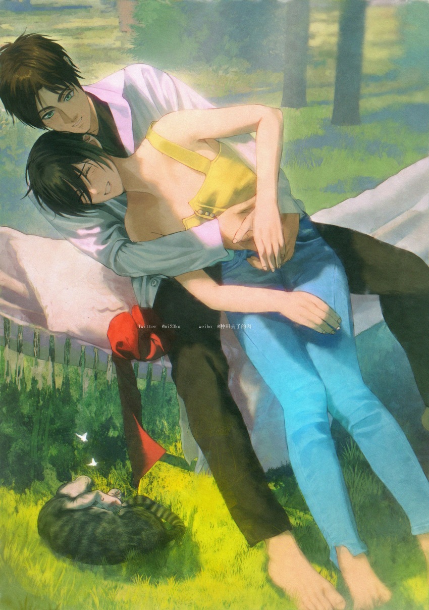 1boy 1girl absurdres artist_name black_hair black_pants blue_pants brown_hair bug butterfly cat chinese_commentary closed_eyes commentary_request contemporary denim eren_yeager grass green_eyes grin hammock highres insect jeans mikasa_ackerman niku_(ni23ku) pants red_scarf scarf shingeki_no_kyojin short_hair single_strap sitting smile tree unworn_scarf watermark wetland