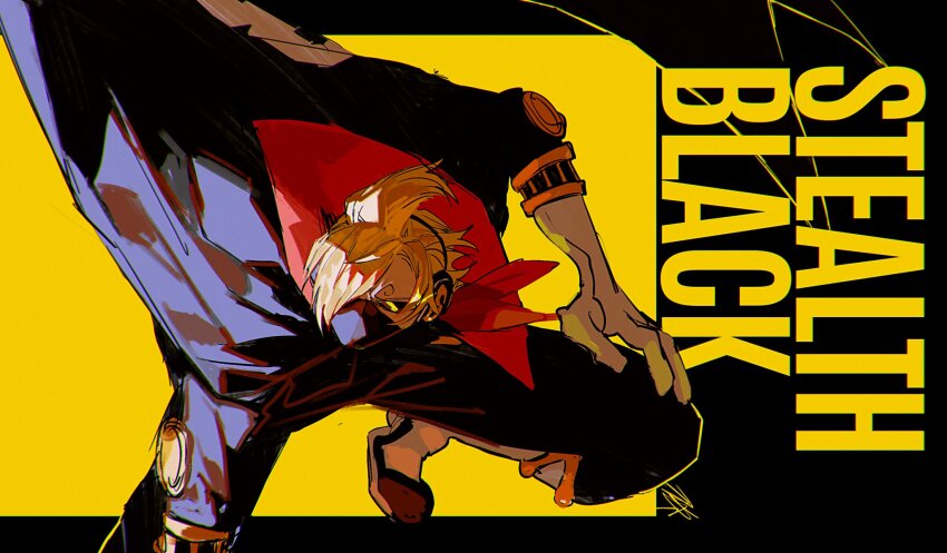 1boy ascot azisaiharumaki56 black_background black_cape black_jumpsuit black_mask blonde_hair boots cape character_name curly_eyebrows english_text facing_viewer hair_over_one_eye highres jumpsuit knee_up male_focus mask mouth_mask multicolored_background official_alternate_costume one_piece red_ascot sanji_(one_piece) short_hair sidelighting solo sunglasses superhero_costume white_footwear yellow_background