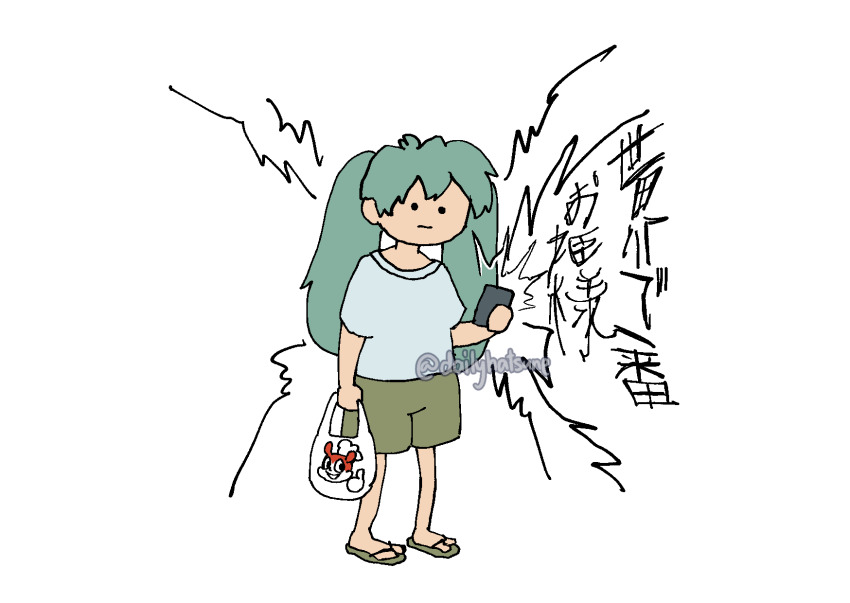 1girl bag commentary english_commentary flip-flops hatsune_miku highres holding holding_bag jollibee odakuram phone plastic_bag sandals shirt shorts solo twintails vocaloid