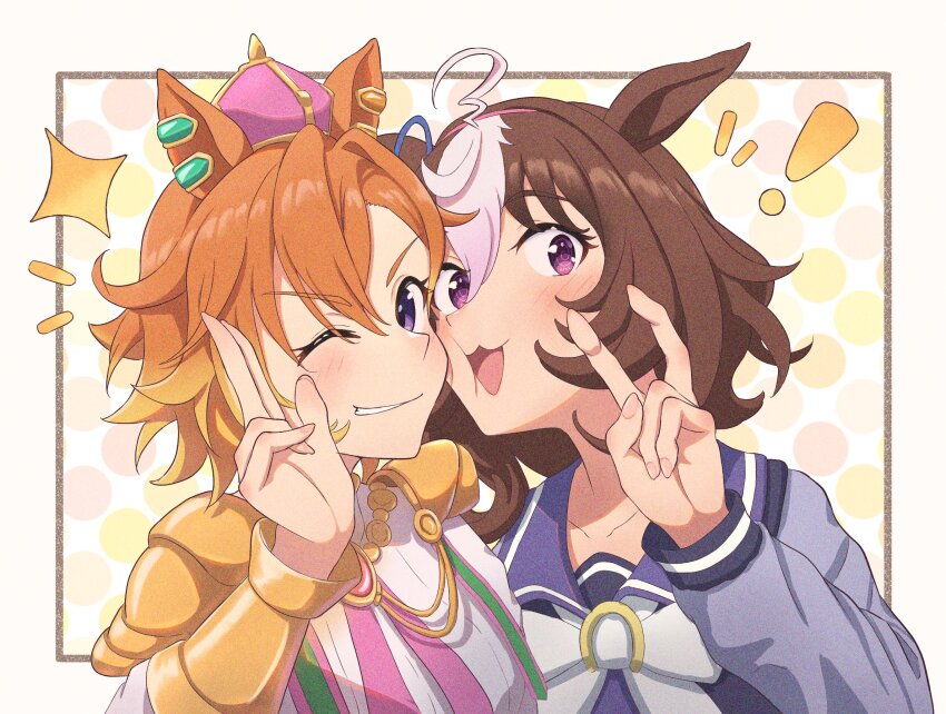 2girls :3 :d ;) ahoge akanekai animal_ears bow bowtie brown_hair crown highres horse_ears horse_girl horseshoe_ornament long_sleeves meisho_doto_(umamusume) mini_crown multiple_girls one_eye_closed open_mouth orange_hair purple_eyes purple_serafuku purple_shirt sailor_collar sailor_shirt school_uniform serafuku shirt short_hair smile t.m._opera_o_(umamusume) tracen_school_uniform umamusume umamusume:_road_to_the_top upper_body v white_bow white_bowtie white_hair winter_uniform