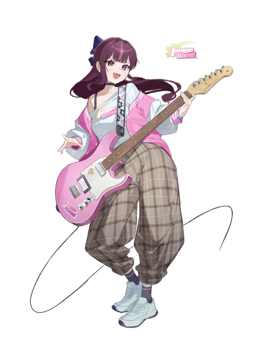 1girl absurdres baggy_pants black_choker bow bra_strap choker contrapposto electric_guitar fang floating_hair full_body guitar hair_bow highres holding holding_instrument instrument jacket jururu long_hair pants pink_eyes purple_hair shoes single_off_shoulder sneakers solo uzu virtual_youtuber waktaverse